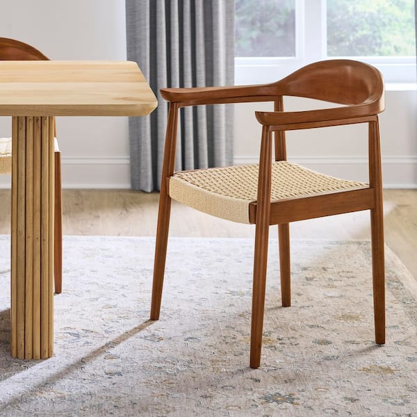 Rexton Light Walnut Wood Dining Chairs with Woven Rattan Seat and Arms (Set of 2)