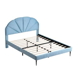 Light Blue Frame Queen Size of Luxury Velvet Platform Bed with Seashell-Shaped Headboard