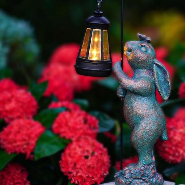 3 in. x 10 in. Bronze Resin Outdoor Bunny Garden Statue with Solar