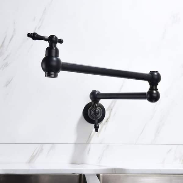 FLG Wall Mounted Pot Filler Double Handle Kitchen Sink Faucet Folding Brass Swing Arm Modern Commercial Taps in Matte Black