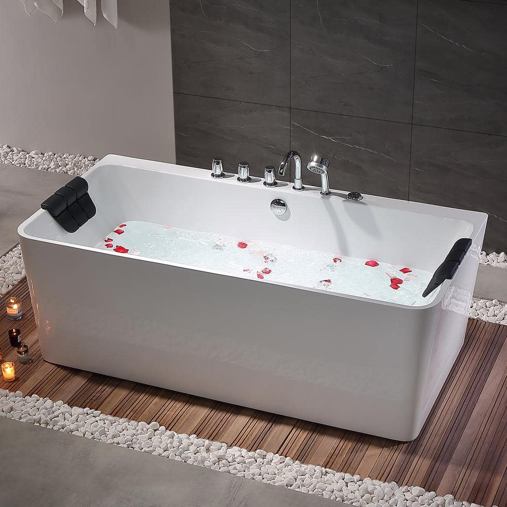 67'' White Acrylic Freestanding Whirlpool Bathtub with Faucet