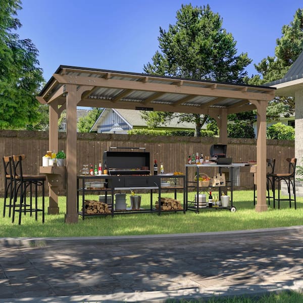13 ft. W x 6 ft. D Wooden Grill Gazebo Outdoor with Steel Roof