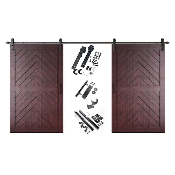 JT1 50 in. x 80 in. C-Panel Red Mahogany Fishbone Design Double Pine Wood Sliding Barn Door with Hardware Kit