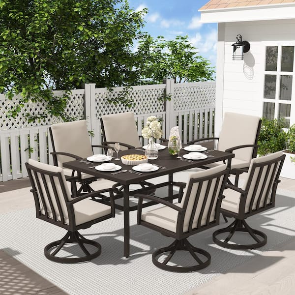 EGEIROSLIFE AluLux 7-Piece Dark Brown Aluminum Outdoor Dining Set with 6-Swivel Dining Chairs and Washable Sandspit Brown Cushions