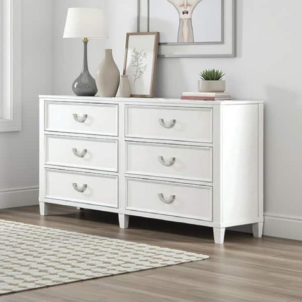 Kiki White and Chrome 6-Drawer 48 in. Dresser without Mirror