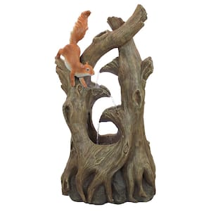 Tree Squirrel Cascading Stone Bonded Resin Sculptural Fountain