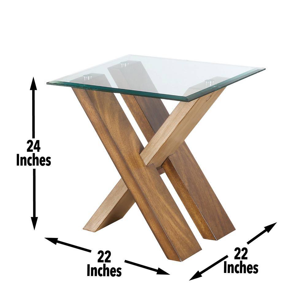Natural Cherry Glass Top Square End Table with Cross Base