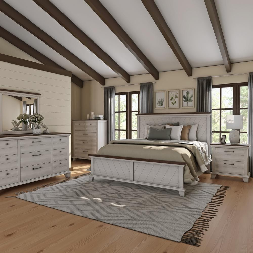 Rustic Ivory Farmhouse Chest with Honey-Stained Top and Deep Drawers
