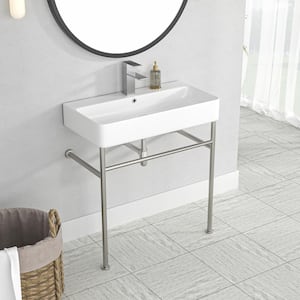 32 in. Ceramic Console Sink White Single Basin with Brushed Nickel Legs