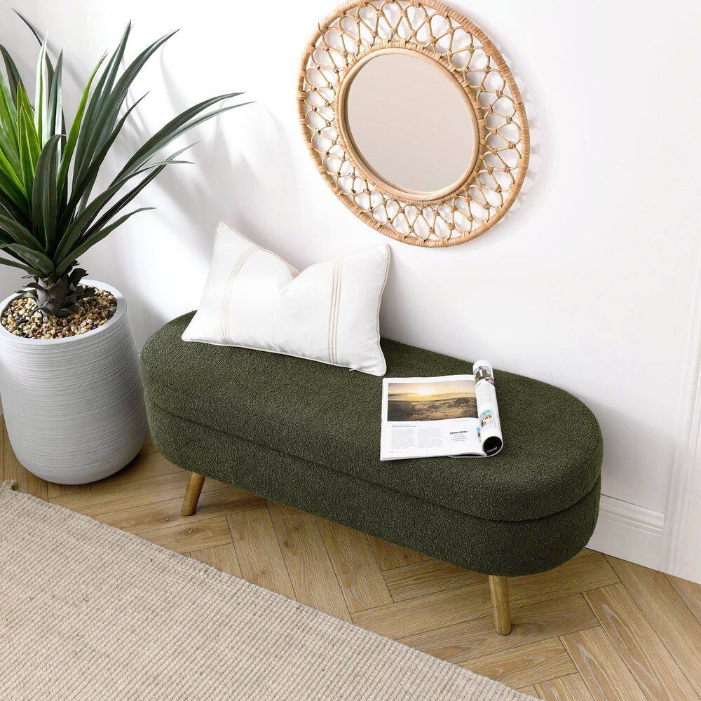 Green 43.5 in. Oval Bedroom Bench Linen Fabric Upholstered Storage Ottoman 