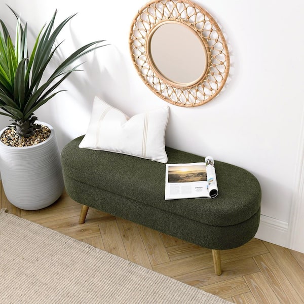 Unbranded Green 43.5 in. Oval Bedroom Bench Linen Fabric Upholstered Storage Ottoman Bench with Solid Wood Legs Entryway Bench