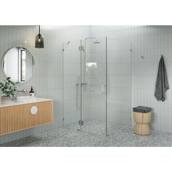 Glass Warehouse 47 in. W x 41 in. D x 78 in. H Pivot Frameless Corner Shower Enclosure in Brushed Nickel Finish with Clear Glass