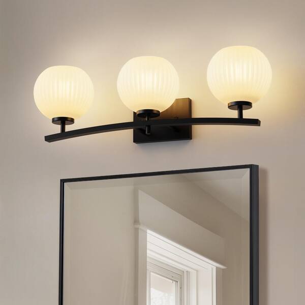 YANSUN 25 in. 3-Light Black Vanity Light with White Globe Glass Shades for Bathroom, Mirror, Living Room