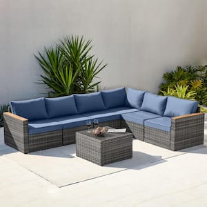 Grey 7-Piece Wicker Patio Conversation Set with Blue Cushions