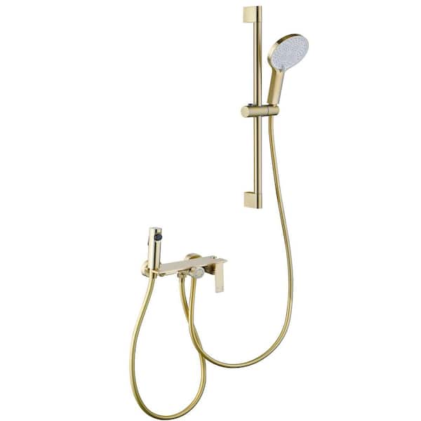 Single Handle 2-Spray Wall Mounted Bathtub Faucets Tub and Shower Faucet Filler with Diverter 2.4 GPM in Brushed Gold