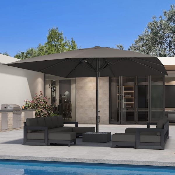 16 ft. Square Semi-Auto Outdoor Patio Umbrella Aluminium Market Umbrella with 3.15 in. Rod and 8 Sturdy Ribs in Gray
