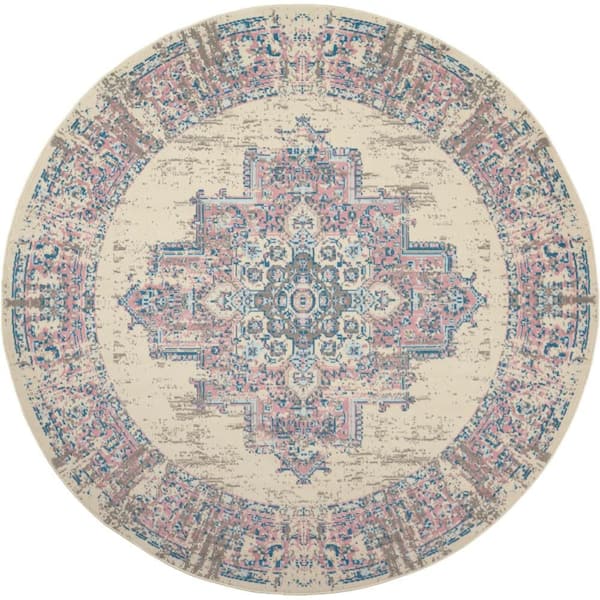 Grafix Ivory/Pink 8 ft. x 8 ft. Persian Medallion Transitional Round Rug