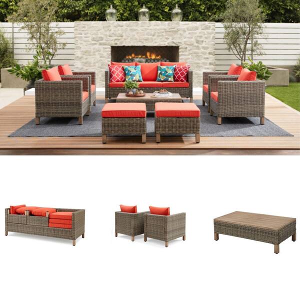 8-Piece Wicker Patio Conversation Set with Orange Cushions