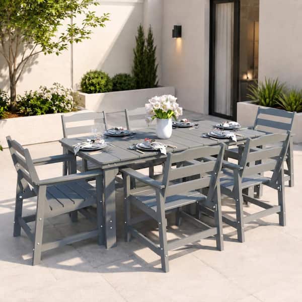Gray 7-Piece HDPE Plastic Patio Outdoor Dining Set with Rectangular Table, Umbrella Hole and 6 Arm Chairs