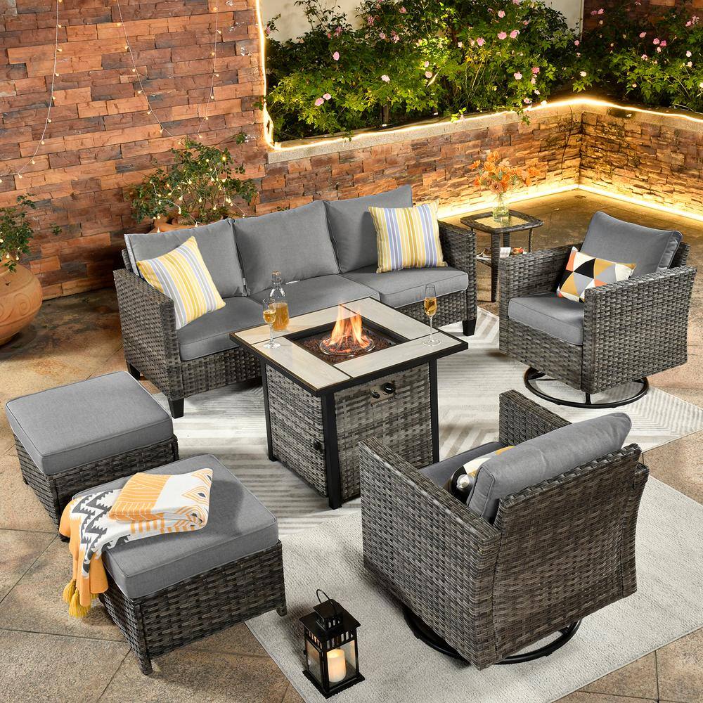 New Vultros Gray 7-Piece Wicker Patio Firepit Conversation Seating Set with Dark Gray Cushions and Swivel Rocking Chairs price history on PriceWatchPro