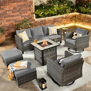 New Vultros Gray 7-Piece Wicker Patio Firepit Conversation Seating Set with Dark Gray Cushions and Swivel Rocking Chairs