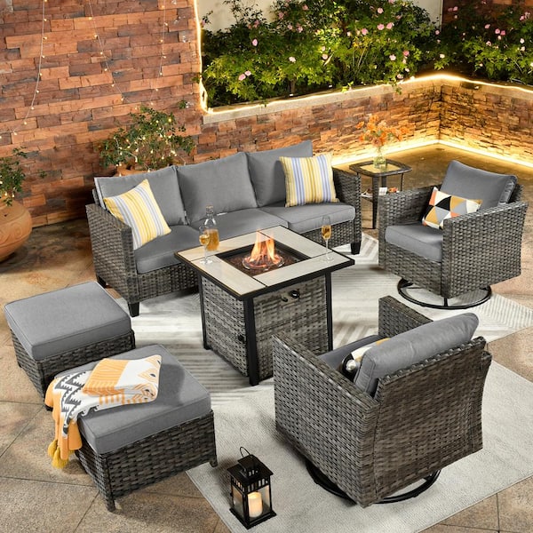 OVIOS New Vultros Gray 7-Piece Wicker Patio Firepit Conversation Seating Set with Dark Gray Cushions and Swivel Rocking Chairs