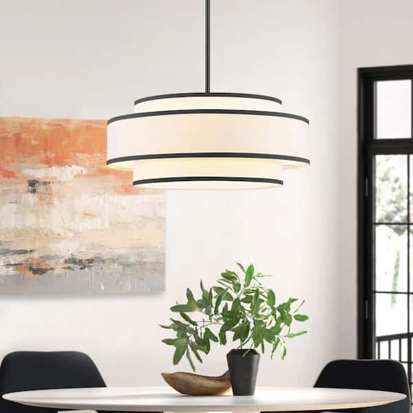 4-Light Black Tiered Drum Shaded Chandelier with White Fabric Shade