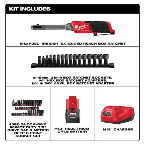 M12 12V FUEL 1/4 in.-3/8 in. Lithium-Ion INSIDER Extended Reach Box Cordless Ratchet Kit w/6 Pt Impact Socket Set