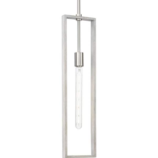 Progress Lighting Boundary 60-Watt 1-Light Brushed Nickel Contemporary Pendant with Grey Wash Oak Accents