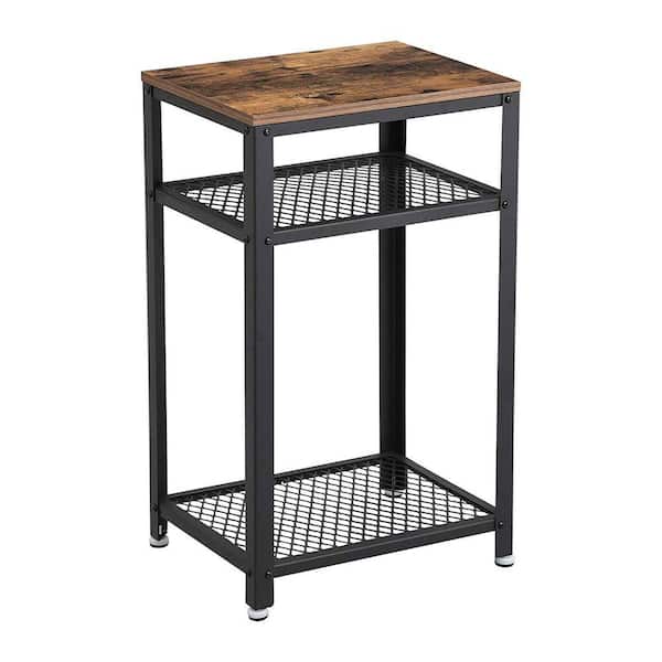 Benjara Industrial Style Black and Brown Iron and Wood Side Table with Two Tier Mesh Shelves