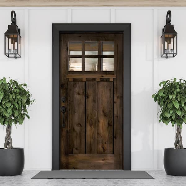 32 in. x 80 in. Craftsman Knotty Alder Right-Hand/Inswing 6-Lite Clear Glass Black Stain Wood Prehung Front Door with DS