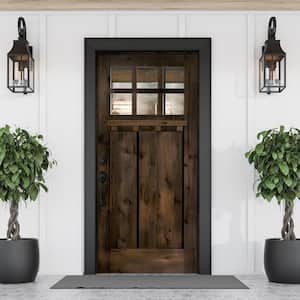 36 in. x 80 in. Craftsman Alder Right Hand 6-Lite Clear Glass Black Stain Wood Prehung Front Door with Dentil Shelf