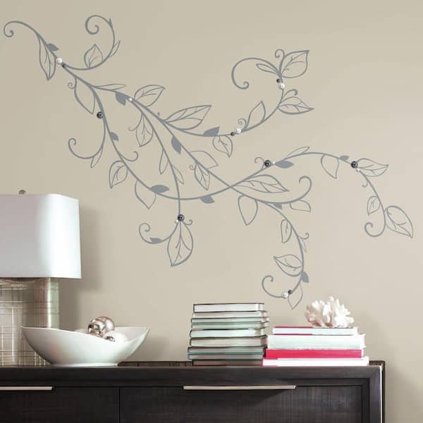 RoomMates 2.5 in. x 27 in. Silver Leaf Giant 22-Piece Peel and Stick Wall Decal with 16 Pearls