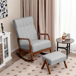 Grey Solid Wood Upholstered Rocking Chair Set of 1 with Ottoman