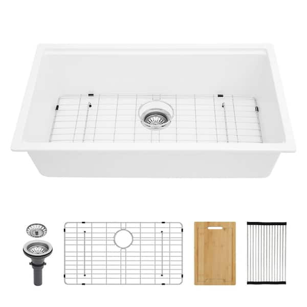 Tenleaf 32 in. Undermount Single Bowl White Quartz Kitchen Sink with Bottom Grids, Cutting Board and Drying Roll-Up Rack