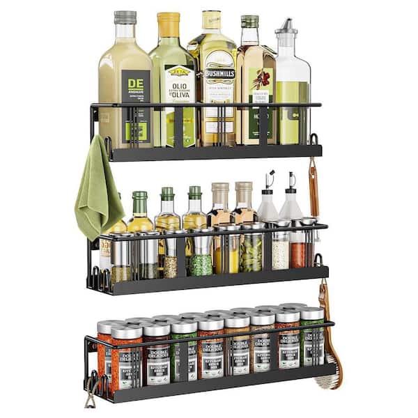 3 Shelf Black Wall Mounted Space-Saving Spice Organizer for Jars and Seasonings Kitchen Cabinet Pantry Door