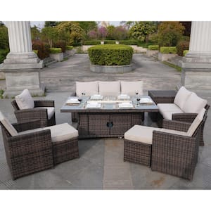 Emmie Brown 7-Piece Wicker Patio Conversation Set with Beige Cushions