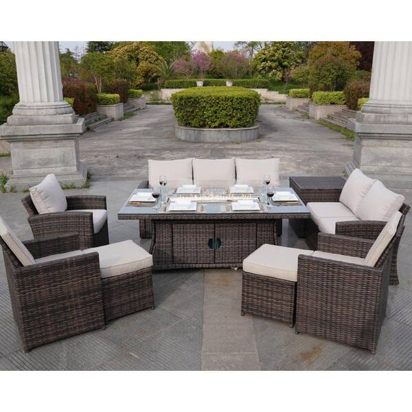 moda furnishings Emmie Brown 7-Piece Wicker Patio Conversation Set with Beige Cushions