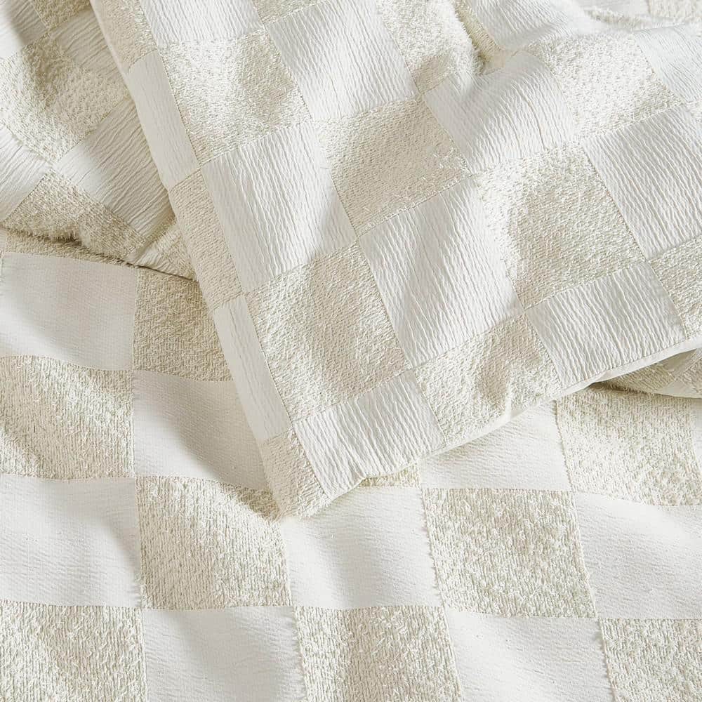 Cream Textured Checkered Queen Duvet Cover Set