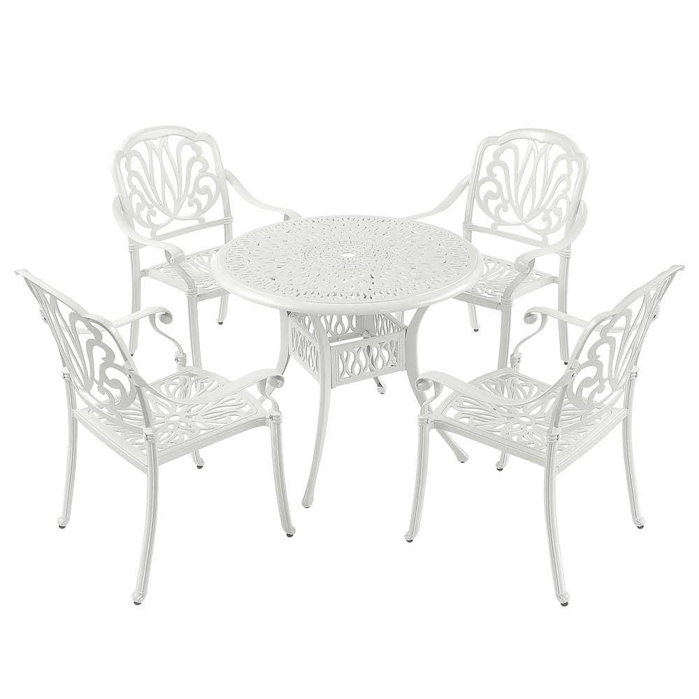 White 5-Piece Aluminum Outdoor Dining Set, 1 Round Table, 4 Chairs with Umb