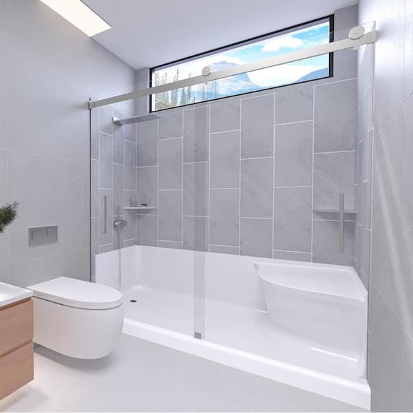 NuVo Slate Grey-Tetherow 60 in. W. x 32 in. x 83 in. Base/Wall/Door Seated Base Alcove Shower Stall/Kit Chrome Left