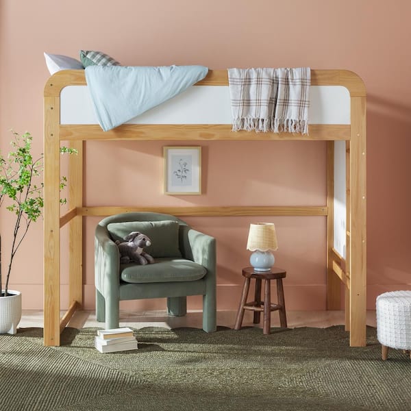 Walker Edison Furniture Company Contemporary Natural Pine Solid Wood Twin Loft Bed with Ladder and Whiteboard