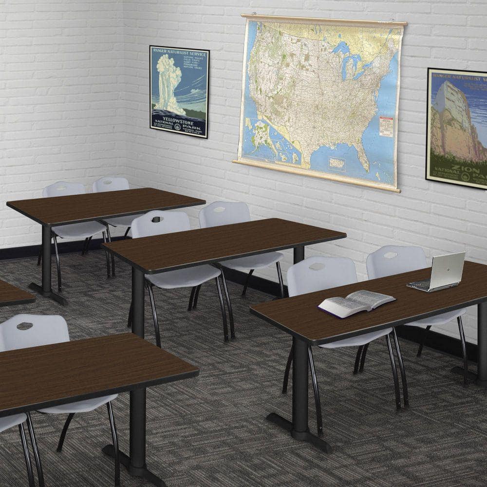Cain 48 in. x 24 in. Neo Walnut T-Base Training Seminar Table Desk and 2 M Stack Chairs-Grey