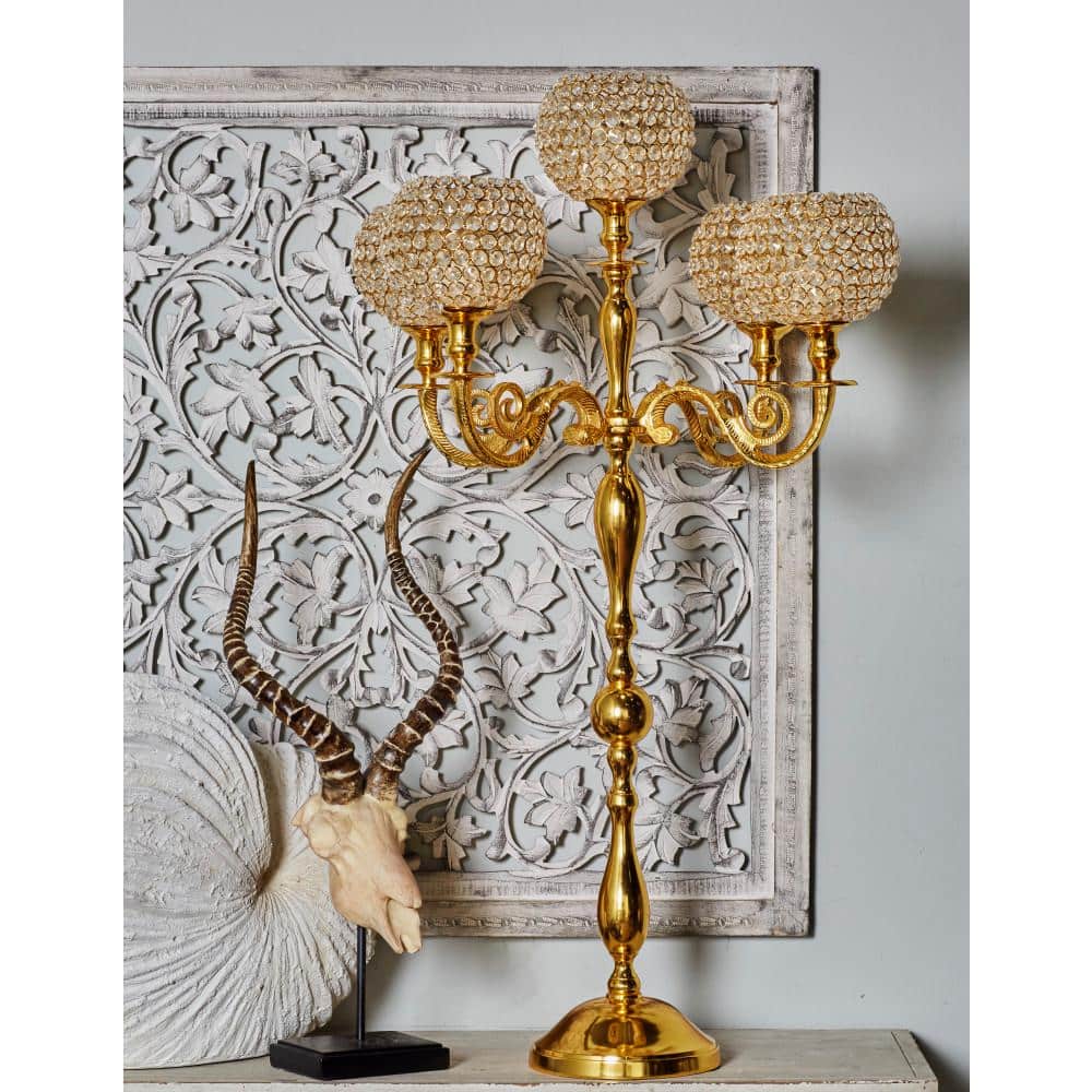 Elegant Gold Aluminum Hurricane Candelabra with Beaded Bobeches, 24" x 40"