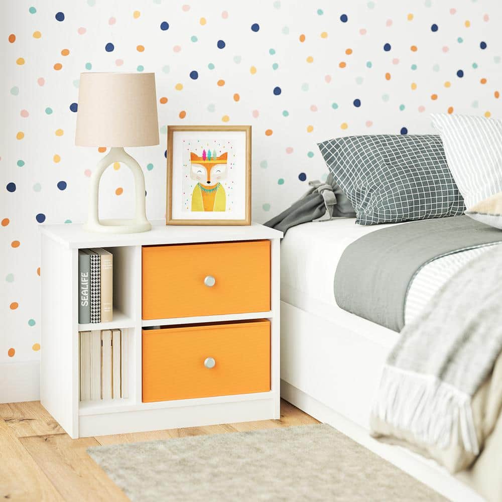 Mya Park Nightstand with 2-Fabric Bins, White w/Orange Bins