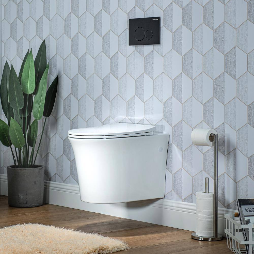 Glossy White Ceramic Elongated Wall Mounted Toilet with Soft Close Seat
