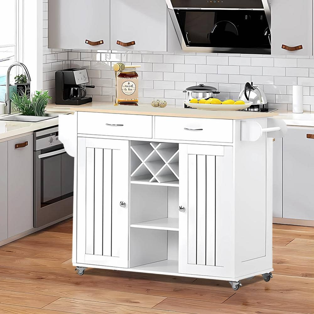 White Rubber Wood Top 48 in. W Kitchen Island on 4-Wheels with Open ...