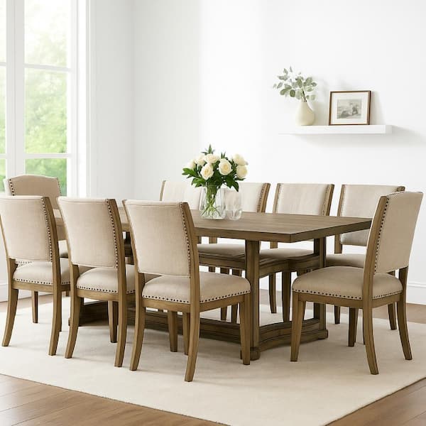 Stacy Brown Wood Rectangle 88 in. Sled Base Dining Table Seats 8