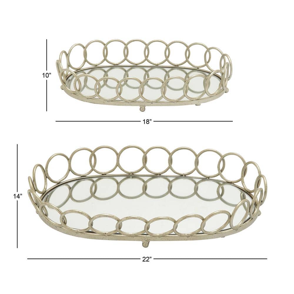 Elegant Silver Mirrored Oval Tray Set, 22" & 18"W with Geometric Pattern