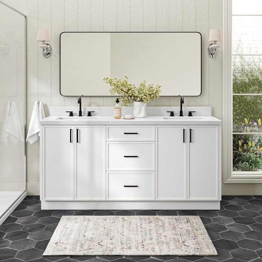 Kelly 72 in. Double Sink Freestanding Bathroom Vanity in White with Carrara White Quartz Top price history on PriceWatchPro